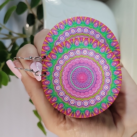 Oversized Mandala Wood Drop Earrings - Picture 4 of 5